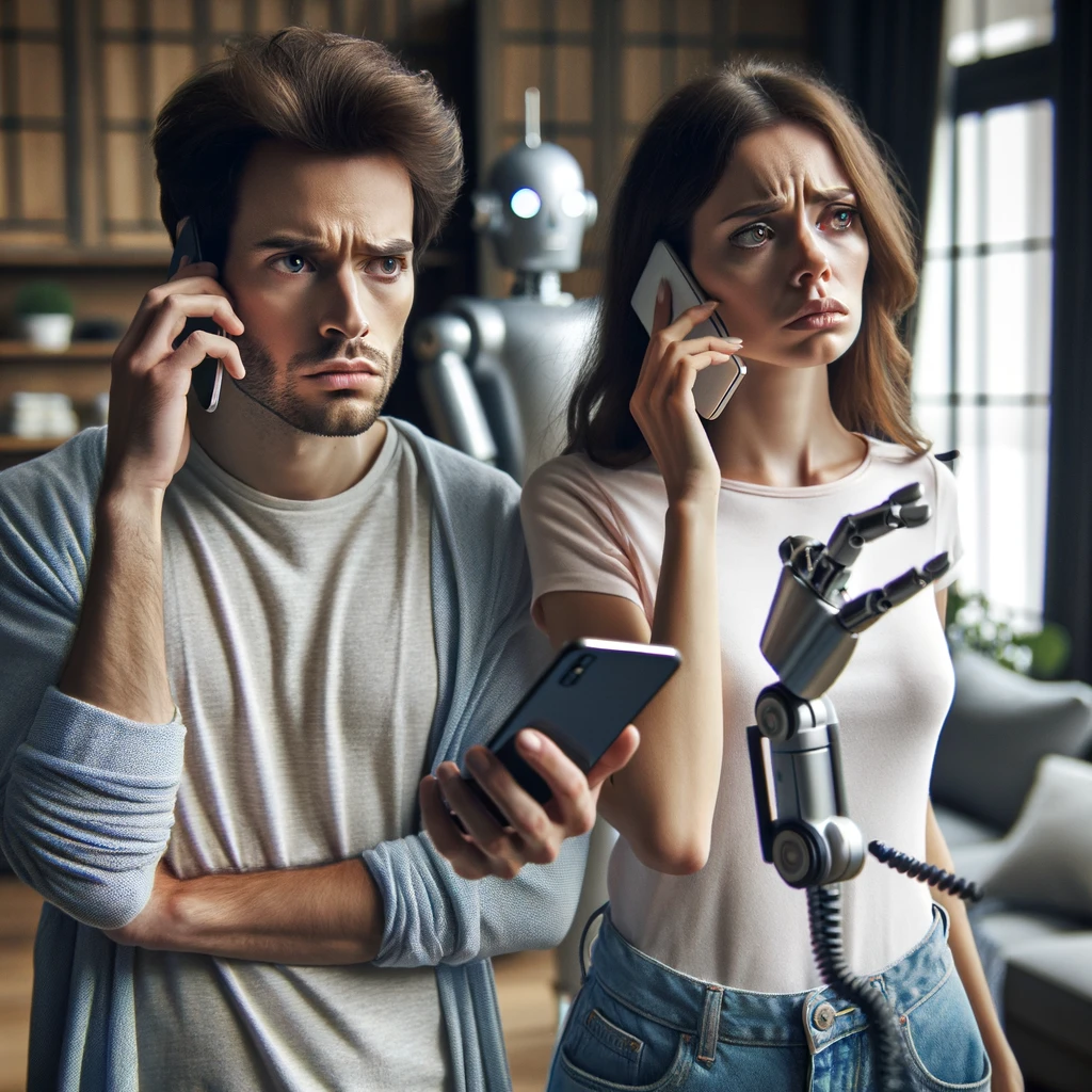 DALLE-An-image-depicting-a-man-and-a-woman-standing-in-a-modern-living-room-with-serious-and-concerned-expressions-on-their-faces-as-they-listen-to-a-roboca