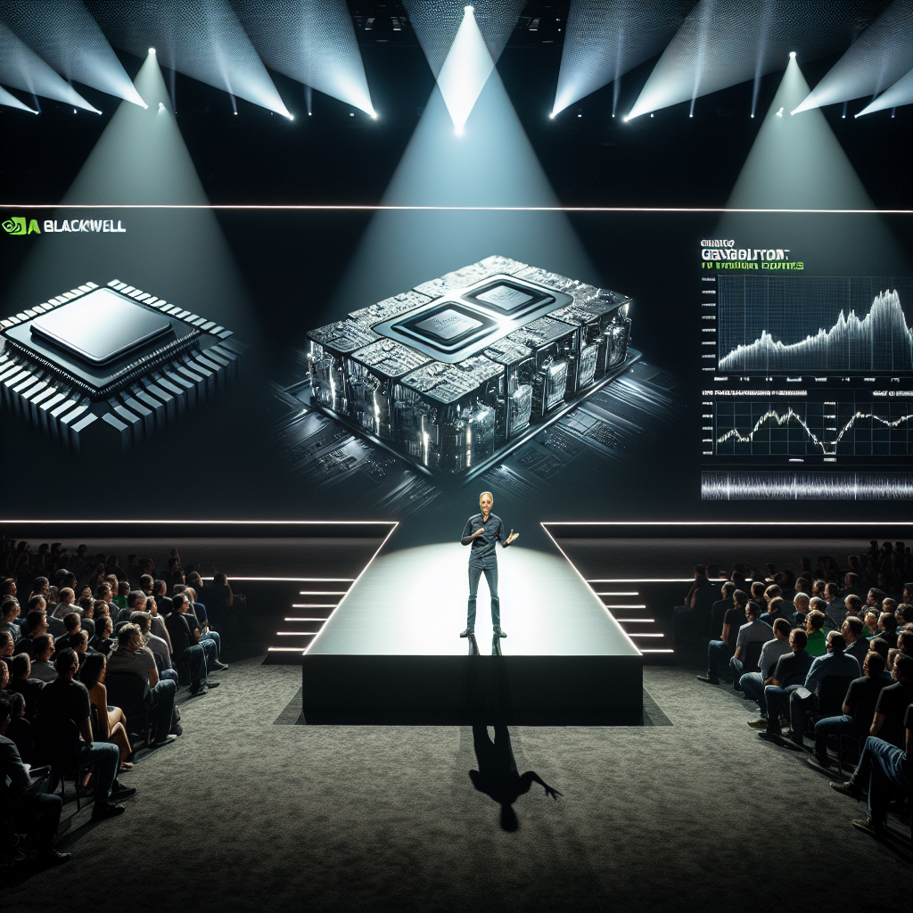 Beskrivelse af et passende billede til artiklen om Nvidias lancering af Blackwell platformen under GTC event i San Jose:

Billedet viser præsidenten for Nvidia, Jensen Huang, stående på en imponerende scene under GTC event i San Jose. Han taler til et stort og spændt publikum om den nyudviklede Blackwell platform. Bag ham ses en gigantisk skærm, der viser detaljerede diagrammer og grafer, der illustrerer platformens imponerende ydeevne. På scenen ses også de to kraftfulde chips, som udgør hjertet i Blackwell, og som symboliserer den avancerede teknologi bag platformen. I salen ses en blanding af forskere, ingeniører og teknologi-entusiaster, der lytter intenst til Jensens præsentation. Lyset fra projektorerne kaster et blødt skær over scenen, der skaber en stemningsfuld og futuristisk atmosfære. Det realistiske billede fanger øjeblikket, hvor teknologiens grænser bliver udfordret, og fremtiden for accelereret computing og generative AI tegner sig klart.