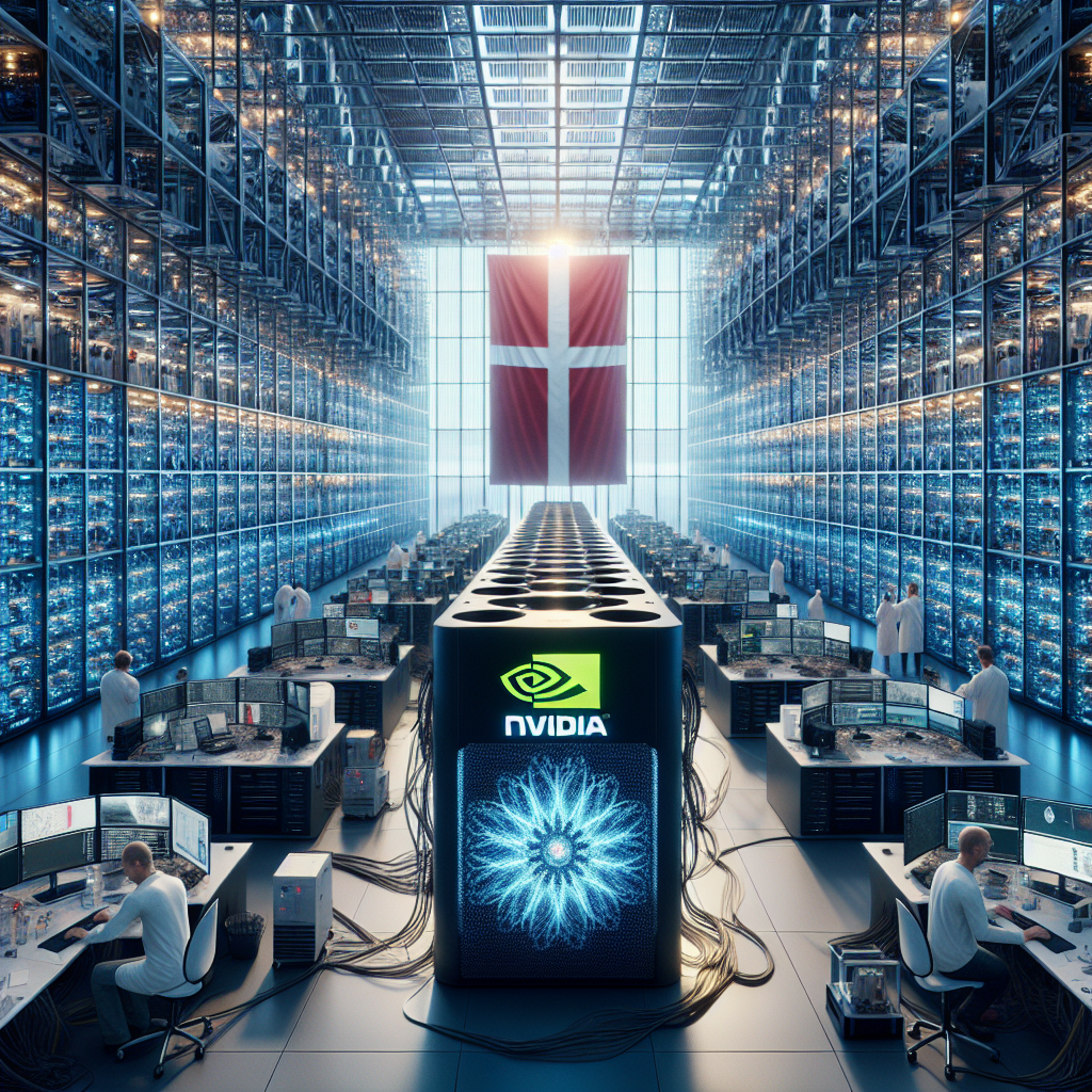 Beskrivelse af et passende billede til artiklen:
Et hyperrealistisk billede af det imponerende interiør i det nationale center for AI-innovation i Danmark. På billedet er NVIDIA DGX SuperPOD AI-supercomputeren, Gefion, tydeligt synlig med sine 1.528 NVIDIA H100 Tensor Core GPU'er, hvilket gør den til en af de kraftigste supercomputere i verden. Rummet er fyldt med teknologisk avanceret udstyr og kabler, og lyset fra skærmene kaster et blåligt skær over rummet. Forskere og ingeniører er travlt beskæftiget med at finjustere systemet, mens et stort dansk flag hænger stolt fra loftet i baggrunden. Det hyperdetaljerede billede fanger den intense stemning af innovation og fremtidshåb, der omslutter dette avantgarde center for banebrydende forskning og udvikling.