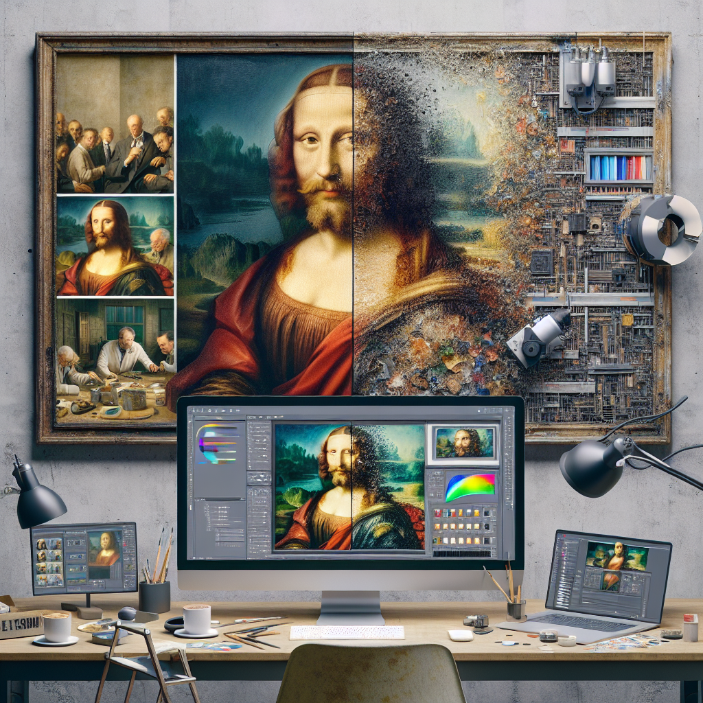 Det hyper detaljerede billede, der ville passe godt til denne artikel om billedrestaurering og computer visionsteknologi, kunne være af en gammel, nedbrudt maleri på lærred. På dette maleri ses tydelige tegn på forvitring, malingen skaller af, og farverne er falmede og mudrede. Men lige ved siden af maleriet ses en avanceret computermodel i arbejde - ResShift-diffusionsmodellen - der omhyggeligt og præcist genopretter detaljerne og farverne på maleriet. Computermodellen analyserer og rekonstruerer hvert enkelt penselstrøg og farvetone med en fantastisk grad af nøjagtighed, hvilket resulterer i en forbløffende restaureret version af det oprindelige maleri. På bordet ved siden af ses også moderne computerudstyr og avanceret software, der understreger samspillet mellem traditionel billedkunst og avantgarde teknologiske løsninger.