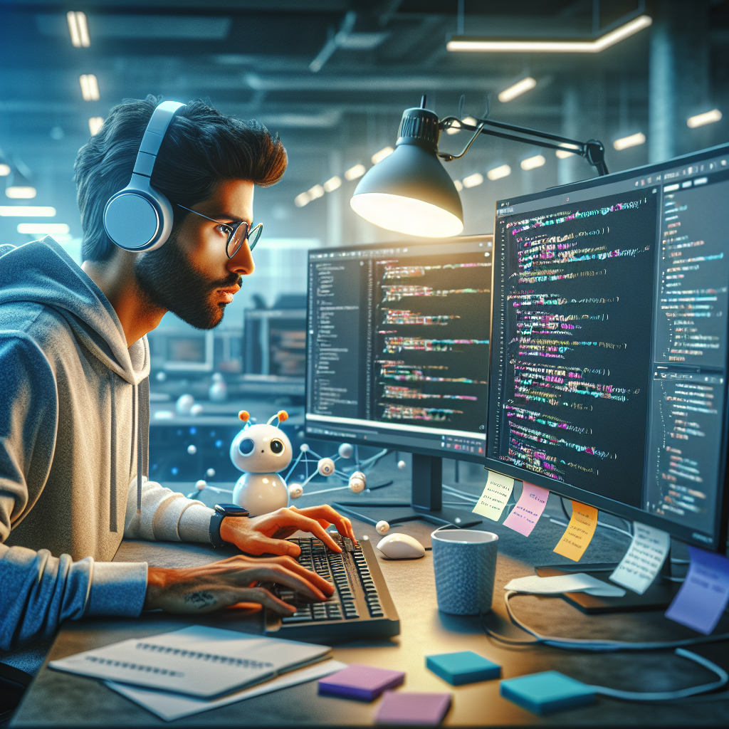 Beskrivelse af foto: Et hyperrealistisk billede af en moderne softwareudvikler bag sin computer i et lyst kontorlandskab. Udvikleren er fokuseret og dybt engageret i sit arbejde, omgivet af skærme med kode og programmeringsværktøjer. Vedkommende bruger et par trendy trådløse hovedtelefoner og har noter spredt ud omkring sig. På skærmen vises en kompleks kodeblok, mens en AI-drevet assistent viser realtidsforslag til kodestumper. Den højteknologiske atmosfære i rummet illustrerer den innovative anvendelse af værktøjer som GitHub Copilot og ChatGPT i softwareudvikling.