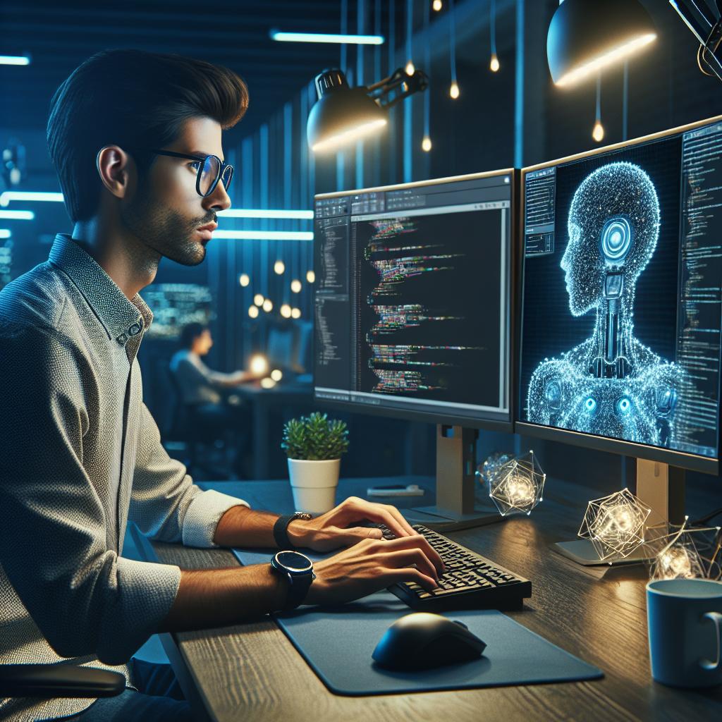 Beskrivelse af et foto: Et hyperrealistisk billede af en sofistikeret, futuristisk arbejdsstation i en moderne kontorindretning. På skrivebordet ses en ung, trendy softwareudvikler med briller, der fordybet i arbejdet med to skærme foran sig. Den ene skærm viser kompleks kode, mens den anden viser en AI-dreven assistent, der komfortabelt samarbejder med udvikleren om at fuldføre en kodeblok. Omkring arbejdsstationen er der et væld af avancerede teknologiske gadgets og værktøjer såsom højteknologiske tastaturer, ergonomisk mus og lysende LED-lys, der skaber en futuristisk og inspirerende atmosfære. Det præcise og detaljerede billede fanger øjeblikket, hvor AI og menneske arbejder i perfekt symbiose for at skabe effektivitet og innovation inden for softwareudvikling.