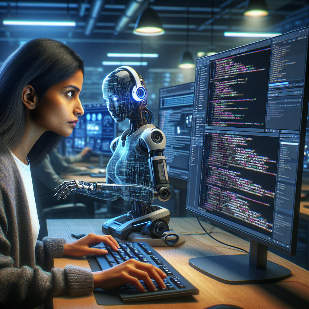 Beskrivelse af billedet: Et hyperrealistisk billede af en softwareudvikler, der arbejder koncentreret foran en computer. Skærmen viser et komplekst kodeinterface, hvor linjer af kode strækker sig over skærmen. Softwareudviklerens ansigt udstråler intens fokus og dyb koncentration, mens han interagerer med tastaturet og musen. Ved siden af ham står en futuristisk AI-robot, der assisterer ham i kodningsprocessen. I baggrunden ses en moderne kontorindretning med avanceret teknologisk udstyr og skærme, der viser komplekse dataanalyser og algoritmer. Belysningen i rummet skaber en stemning af innovation og teknologisk fremskridt.